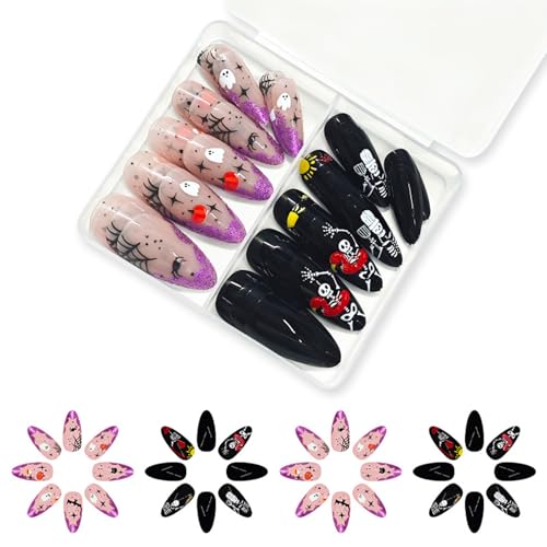 48pcs Mandel French Tipps Gefälschte Nägel Acrylnägel Spiders Web Stick On For Women Halloween Press Auf Geschenken Mandel False Nail von ANMITI