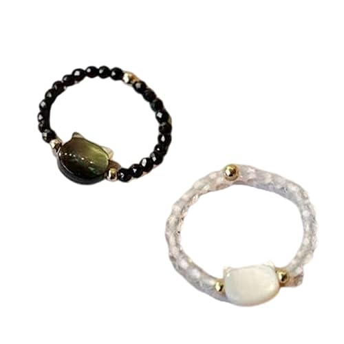 ANMITI 2 Stücke Verstellbare Katzen Finger Ringe Mondstein Obsidianer Ringe Stilvolle Harz Perlen Fingerzubehör Für Frauen Everyday Cats von ANMITI