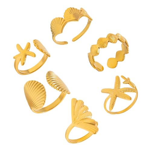 ANMITI 6 Piece Pitable Open Joint Rings Set Seesterne Shell Star Designs Hot Day Beach Schmuck Geschenk Für Frauen Freunden Schwestern Strand Urlaubsmotiv Set von ANMITI