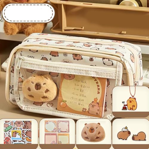 ANMITI Multi Layer Bleistiftbeutel Cartoon Tierstifte Hülle Beutelhalter Brosche Aufkleber Große Kapazität Beutel Hülle Schöne Capybara Stift Brosche Beutel Für Schüler von ANMITI