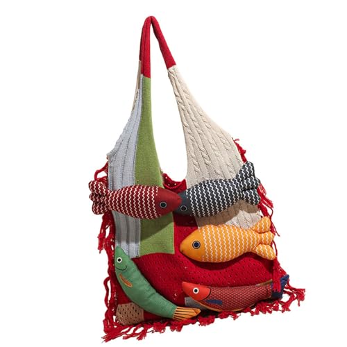 ANMITI Wunderwertiges Fischdesign Geräumiges Strickpendlertasche Für Frauen Stilvolle Arbeitsbeutel Reisen Essentielle Polyester Handtasche Praktische Gestrickt Mit Patchwork von ANMITI