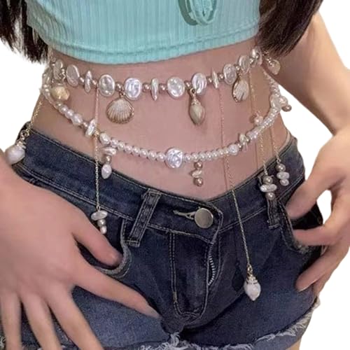 ANMITI Doppelschicht Perlenbuge Muschel Quasten Taille Schmuck Küstenkörperkette Für Frauen Mädchen Tragbare Legierung Designs Urlaubskettenkette Accessoire von ANMITI