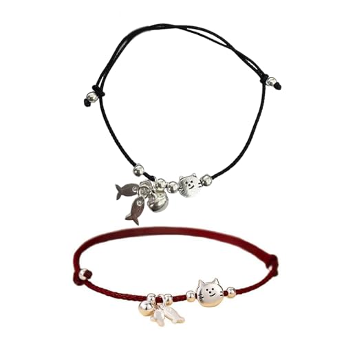 Doppelstränge Black Red Fleded String Armband Set Mit Skurrilen Katzen Fischbrand Geflochten von ANMITI