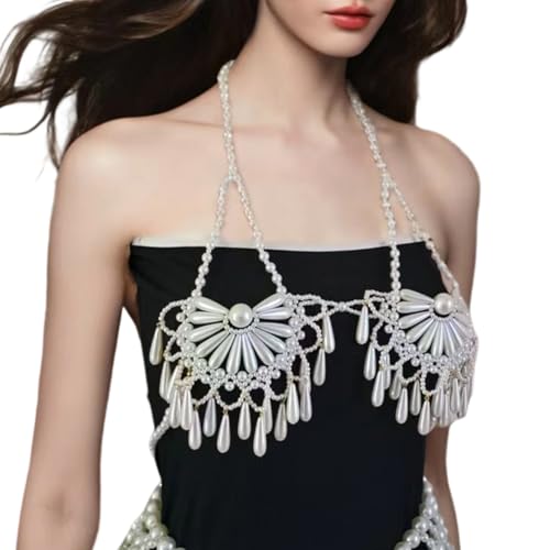 ANMITI Elegante Multi Layer Abs Perlen Körperkette Schmuck Für Frauen BH Und Taille Accessoires Party Hochzeitsfestival Outfit Abs Perlen Tassels Körperschmuck von ANMITI