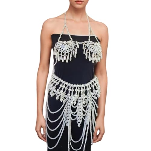 ANMITI Elegante Multi Layer Abs Perlen Körperkette Schmuck Für Frauen BH Und Taille Accessoires Party Hochzeitsfestival Outfit Abs Perlen Tassels Körperschmuck von ANMITI