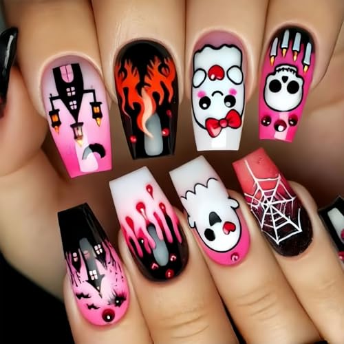 Halloween Gefälschte Nägel Schädel M Länge Quadratische Form Abs Nägel Kunst Für Frauen Party Kostümzubehör Mittelgroße Quadratische Falsche Nagel von ANMITI