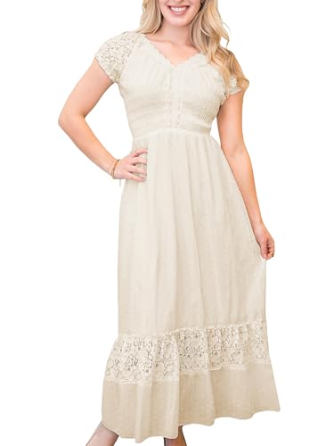 ANNA-KACI Antique Beige Kleine Größen Smok Taille Sommer-Maxi Kleid mit Flügelärmeln Boho Gypsy von ANNA-KACI