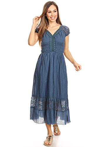 ANNA-KACI Blau Medium Größen Smock Taille Sommer-Maxi Kleid mit Flügelärmeln Boho Gypsy von ANNA-KACI