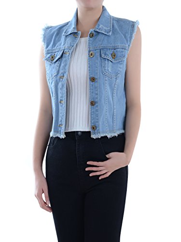 ANNA-KACI Damen Blau Denim Distressed ausgefranst Button Up ärmellos Jeans Jacke Weste von ANNA-KACI