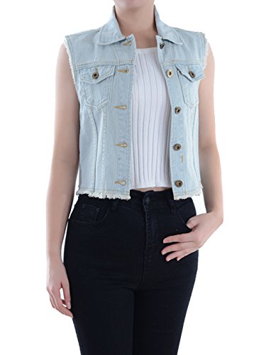 ANNA-KACI Damen Blau Denim Distressed ausgefranst Button Up ärmellos Jeans Jacke Weste von ANNA-KACI