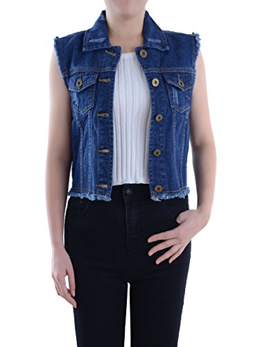 ANNA-KACI Damen Blau Denim Distressed ausgefranst Button Up ärmellos Jeans Jacke Weste von ANNA-KACI