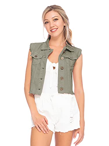 ANNA-KACI Damen Denim Distressed Button Up ärmellos Jeans Jacke Weste, Olivgrün, Medium von ANNA-KACI