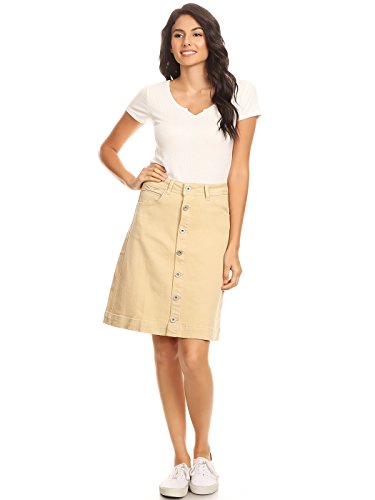 ANNA-KACI Damen Elastisch Denim Stretch Knopf Midi Bleistift a Linien Jeans Skirt Jeansrock Flare Rock, Khaki, S von ANNA-KACI