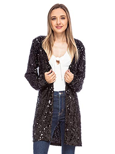 ANNA-KACI Damen Herbst Lang Cardigan Pailletten Tüll Tops Kimono Outwear Freizeit Langarm Oberteile Strickjacke von ANNA-KACI