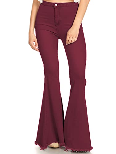 ANNA-KACI Damen Hoch Taile Glockenhose Einfarbig Denim Schlaghose Jeans, Burgundy, X-Large von ANNA-KACI