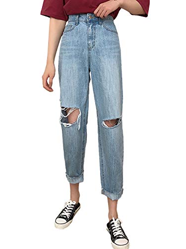 ANNA-KACI Damen Jeans High Waisted Frayed Ripped Knie Distressed Loose Denim Pants von ANNA-KACI