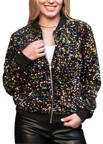 ANNA-KACI Damen Pailletten Jacke Langarm Party Club Metallic Glitzer Sequin Bomberjacke, Bunt, Small von ANNA-KACI