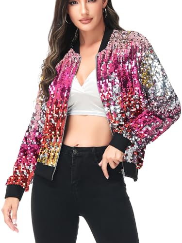 ANNA-KACI Damen Pailletten Rib Rop Langarm Reißverschluss Bomberjacke Jacke, Bonbons, X-Large von ANNA-KACI