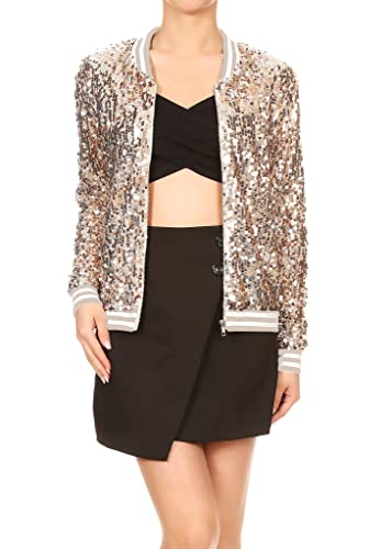 ANNA-KACI Damen Pailletten Rib Rop Langarm Reißverschluss Bomberjacke Jacke, Champagner, X-Large von ANNA-KACI