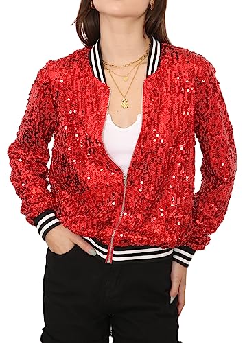 ANNA-KACI Damen Pailletten Rib Rop Langarm Reißverschluss Bomberjacke Jacke, Rot, Large von ANNA-KACI