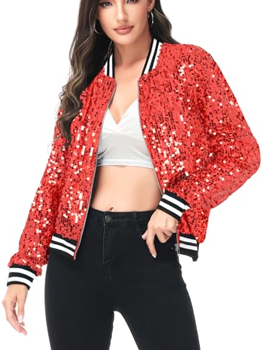 ANNA-KACI Damen Pailletten Rib Rop Langarm Reißverschluss Bomberjacke Jacke, Rot, Large von ANNA-KACI