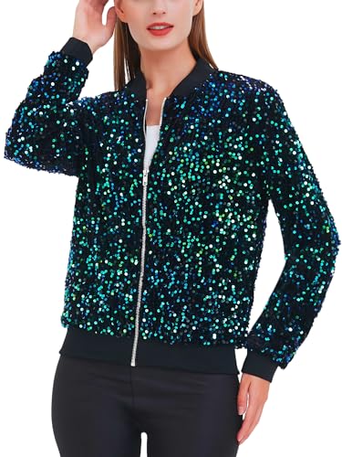ANNA-KACI Damen Pailletten Rib Rop Langarm Reißverschluss Bomberjacke Jacke, Samt mit Wassernixe Pailletten, Small von ANNA-KACI