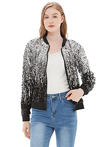 ANNA-KACI Damen Pailletten Rib Rop Langarm Reißverschluss Bomberjacke Jacke, Schwarz und Silver, Medium von ANNA-KACI