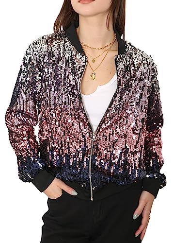 ANNA-KACI Damen Pailletten Rib Rop Langarm Reißverschluss Bomberjacke Jacke, Silber Rosa, X-Large von ANNA-KACI