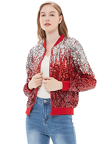 ANNA-KACI Damen Pailletten Rib Rop Langarm Reißverschluss Bomberjacke Jacke, Silver und Rot, Large von ANNA-KACI