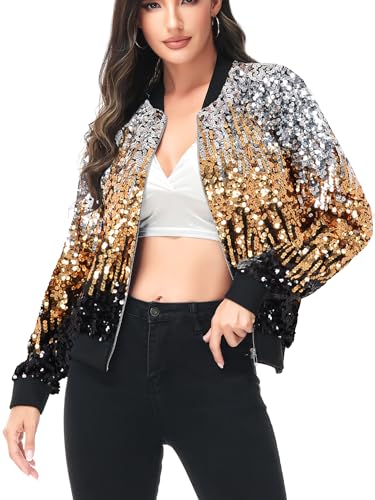 ANNA-KACI Damen Pailletten Rib Rop Langarm Reißverschluss Bomberjacke Jacke, Z-Silber-Gold-Blau, Large von ANNA-KACI