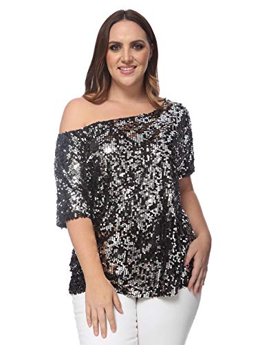 ANNA-KACI Damen Pailletten Top Hemden Kurzarm Party Glitzer Top,Silber&Schwarz,4X-Large von ANNA-KACI