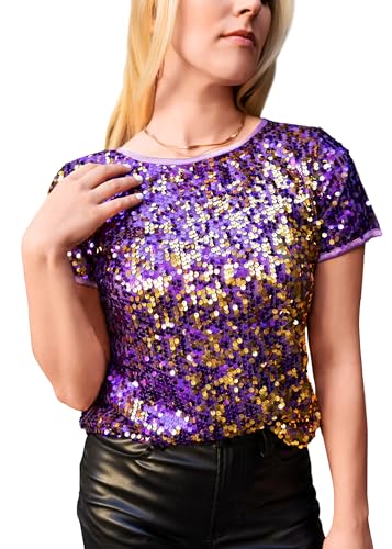 ANNA-KACI Damen Pailletten Top Rundhals Kurzarm Leicht Glitzer Party Club Tunika Shirt, Lila, X-Large ANNA-KACI Damen Pailletten Top Rundhals Kurzarm Leicht Glitzer Party Club Tunika Shirt, Lila, X-Large von ANNA-KACI
