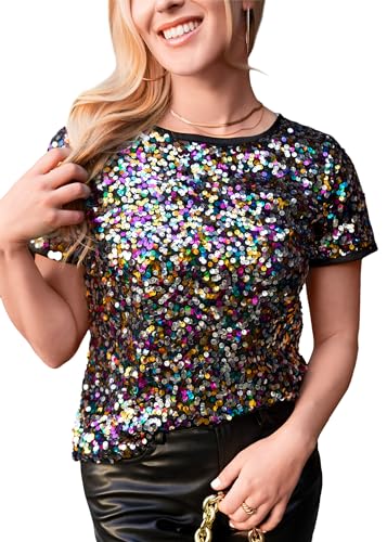 ANNA-KACI Damen Pailletten Top Rundhalsausschnitt Kurzarm Leichte Glitzer Party Tunika Tops, Mehrfarbig, XX-Large ANNA-KACI Damen Pailletten Top Rundhalsausschnitt Kurzarm Leichte Glitzer Party Tunika Tops, Mehrfarbig, XX-Large von ANNA-KACI