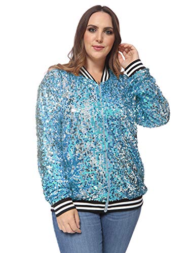 ANNA-KACI Damen Plus Size Glitzernde Langarm Reißverschluss Pailletten Bomber Jacke,Blau,4X-Large von ANNA-KACI