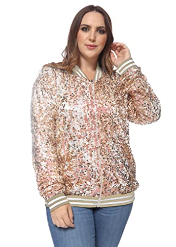 ANNA-KACI Damen Plus Size Glitzernde Langarm Reißverschluss Pailletten Bomber Jacke,Champagner,2X-Large von ANNA-KACI