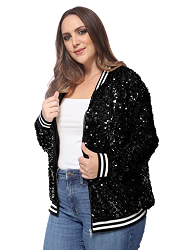 ANNA-KACI Damen Plus Size Glitzernde Langarm Reißverschluss Pailletten Bomber Jacke,Echt Schwarz,4X-Large von ANNA-KACI