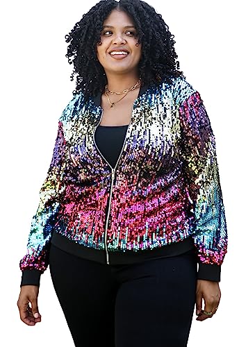 ANNA-KACI Damen Plus Size Glitzernde Langarm Reißverschluss Pailletten Bomber Jacke,Gradient Farbe,3X-Large von ANNA-KACI