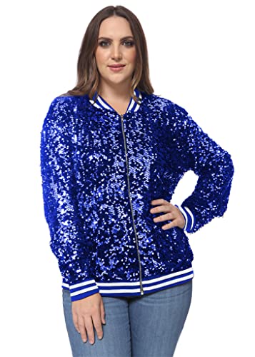 ANNA-KACI Damen Plus Size Glitzernde Langarm Reißverschluss Pailletten Bomber Jacke,Knallblau,3X-Large von ANNA-KACI