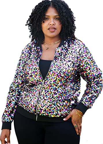 ANNA-KACI Damen Plus Size Glitzernde Langarm Reißverschluss Pailletten Bomber Jacke,Mehrfarbig,2X-Large von ANNA-KACI