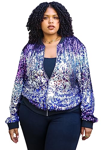 ANNA-KACI Damen Plus Size Glitzernde Langarm Reißverschluss Pailletten Bomber Jacke,Mitternacht,2X-Large von ANNA-KACI