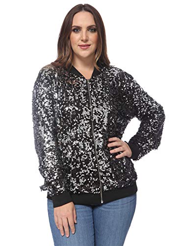 ANNA-KACI Damen Plus Size Glitzernde Langarm Reißverschluss Pailletten Bomber Jacke,Schwarz,4X-Large von ANNA-KACI