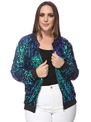 ANNA-KACI Damen Plus Size Glitzernde Langarm Reißverschluss Pailletten Bomber Jacke,Wassernixe,3X-Large von ANNA-KACI