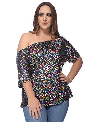 ANNA-KACI Damen Plus Size Pailletten Top Hemden Kurzarm Party Glitzer Top,Mehrfarbig,XXX-Large von ANNA-KACI