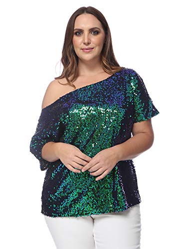 ANNA-KACI Damen Plus Size Pailletten Top Hemden Kurzarm Party Glitzer Top,Wassernixe,XXX-Large von ANNA-KACI