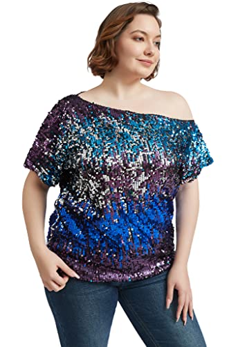 ANNA-KACI Damen Plus Size Pailletten sexy eine Schulter Kurzarm Shirt,Mitternacht,4X-Large von ANNA-KACI