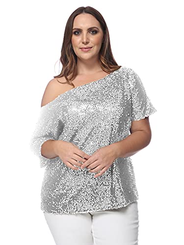 ANNA-KACI Damen Plus Size Pailletten sexy eine Schulter Kurzarm Top,Silber,XX-Large von ANNA-KACI