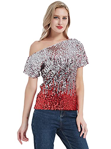 ANNA-KACI Damen Schulterfrei Pailletten Top Kurzarm Party Glitzer Top, Silber & Rot, Large von ANNA-KACI