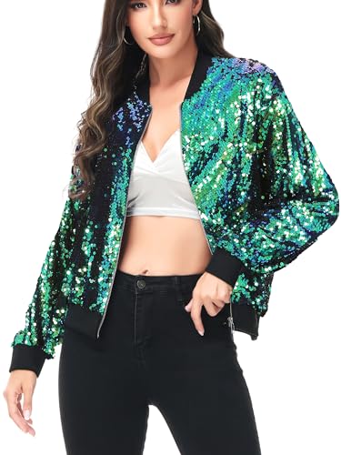 ANNA-KACI Damen Schwarz Silber Pailletten Dünne Rib Rop Langarm Reißverschluss Kurz Bomberjacke Fliegenjacke Bikerjacke Blazer Jacke, Wassernixe, XXL von ANNA-KACI