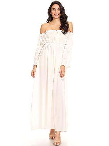 ANNA-KACI Damen Vintage Renaissance Mittelalter Kostüm Weiß Langarm Schluterfrei Unterkleid Maxi Kleid,Weiß,L von ANNA-KACI