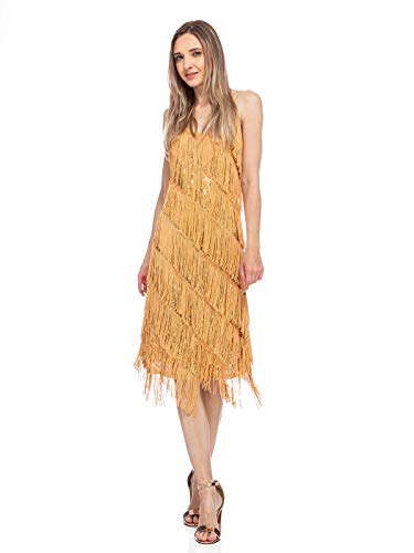 ANNA-KACI Frauen Adjustable Gatsby Pailletten Quaste Fransen Troddel 1920s Flapper ärmellos Schwingen Quasten Rückenfrei Spaghettibügel Party Mini Kleid, Gelb Gold, 3XL von ANNA-KACI